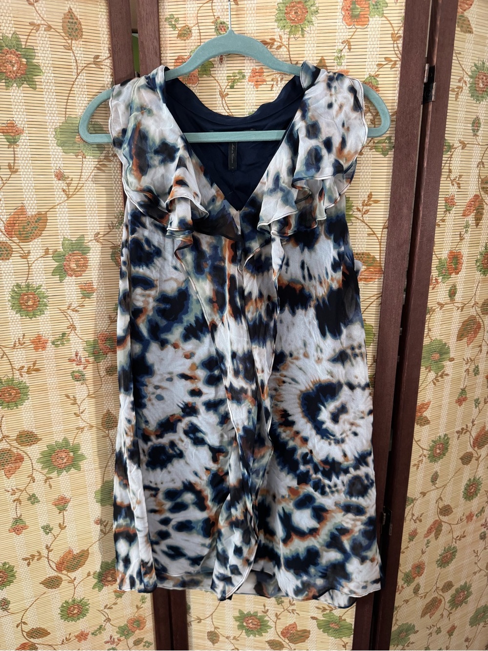 BCBGMaxAzria Navy, Brown and White Tie-Dye Ruffle V-Neck Mini Dress